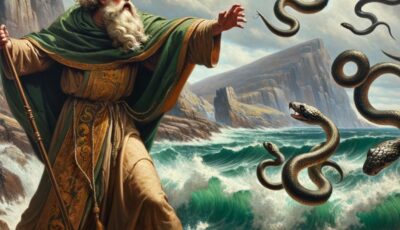Ilustración de san Patricio expulsando a las serpientes de Irlanda