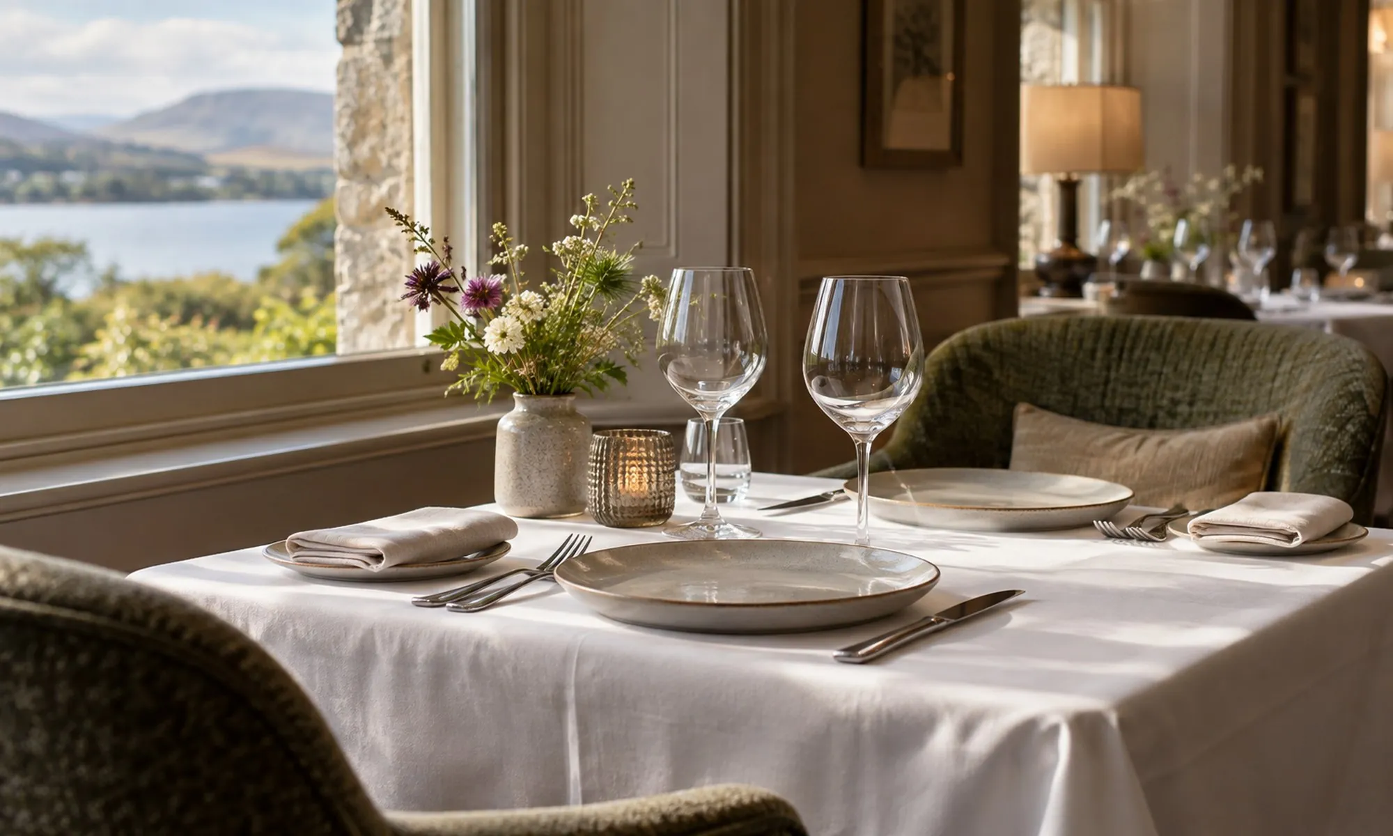 Table de restaurant gastronomique dressée avec une nappe blanche, deux assiettes et des verres vides