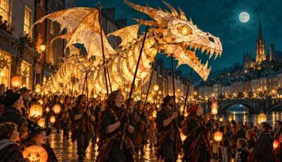 Illustration générée par IA : évocation artistique d’une parade de dragon. Ni le dragon réel ni la parade 2026. – Guide-Irlande.com