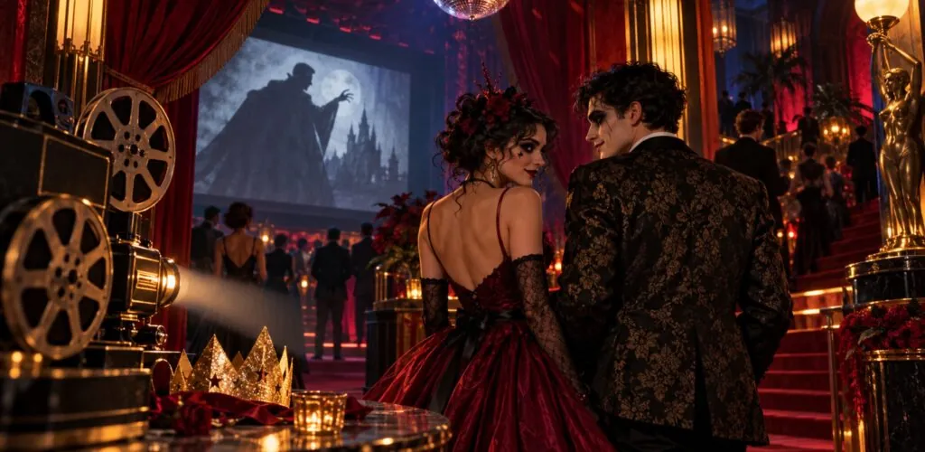 Illustration d’un foyer de cinéma imaginaire décoré pour un bal gothique, avec deux invités en tenue de soirée.