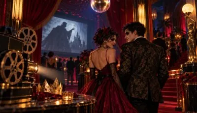 Illustration d’un foyer de cinéma imaginaire décoré pour un bal gothique, avec deux invités en tenue de soirée.