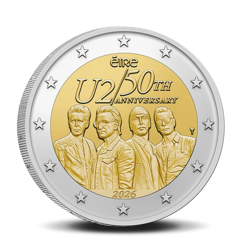 Face irlandaise de la pièce de 2 euros célébrant les 50 ans de U2 en 2026, avec les portraits des quatre membres du groupe.